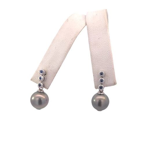 Tahitian Pearl & Sapphire Earrings 14k Gold 9.46 mm Certified $1,790 111301 - Picture 3 of 12